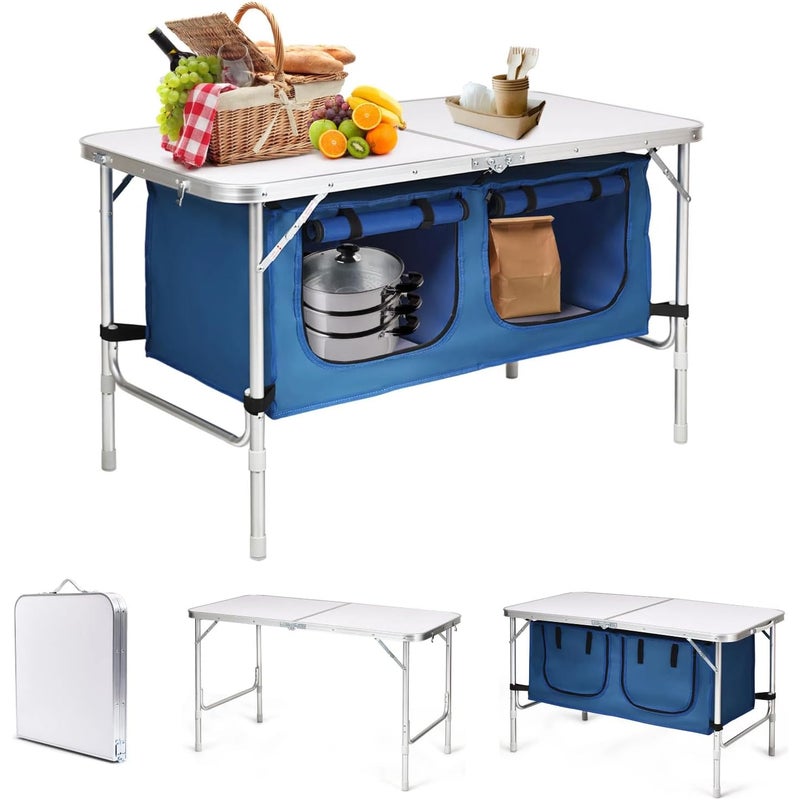 Składany Stół Kempingowy, Kompaktowy Przenośny Stół Turystyczny z Przegrodami i Dwoma Torbami z Zamkiem Błyskawicznym, Niebieski