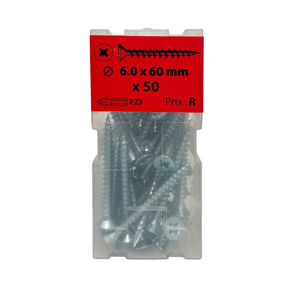 Boite 50 vis agglo 6 x 60mm tête fraisée Pozidriv filetage | Bricoman