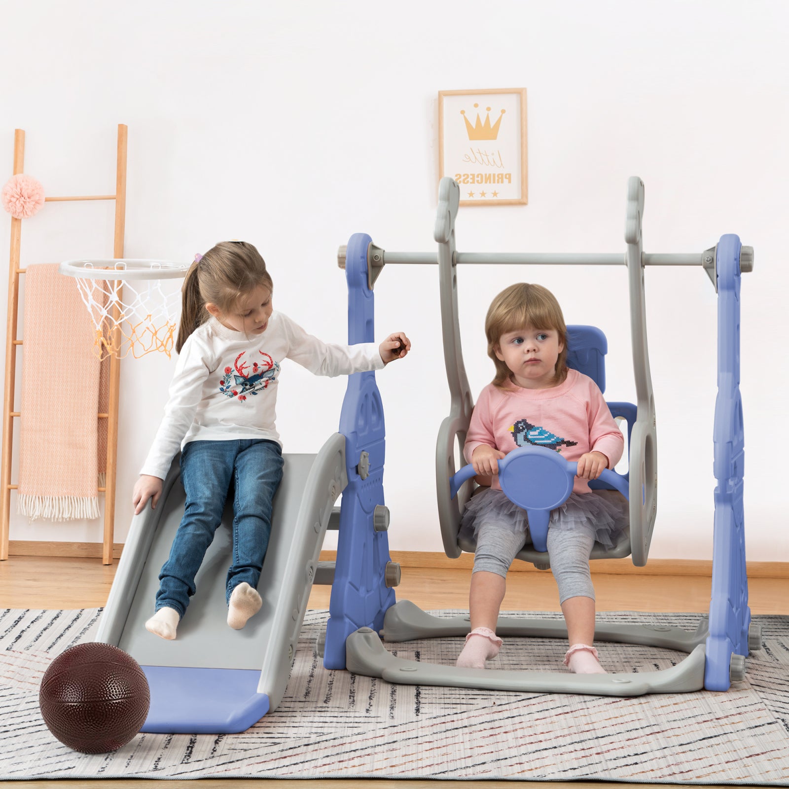 Toboggan Enfant 4 en 1 Toboggan Bebe avec Balançoire et Panier de Basket pour Les Enfants de 1 à 6 Ans, Aire de Jeux Intérieure et Extérieure, Bleu - 4