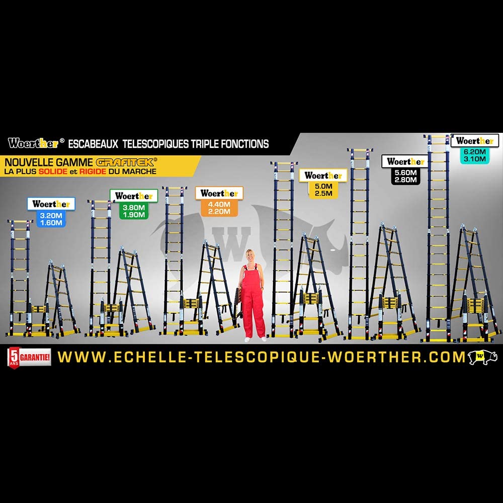 Echelle Scabeau Télescopique Woerther 5m60-2m80 Avec Double Barres Stabilisatrice avec Plateforme porte outils et peinture - 6