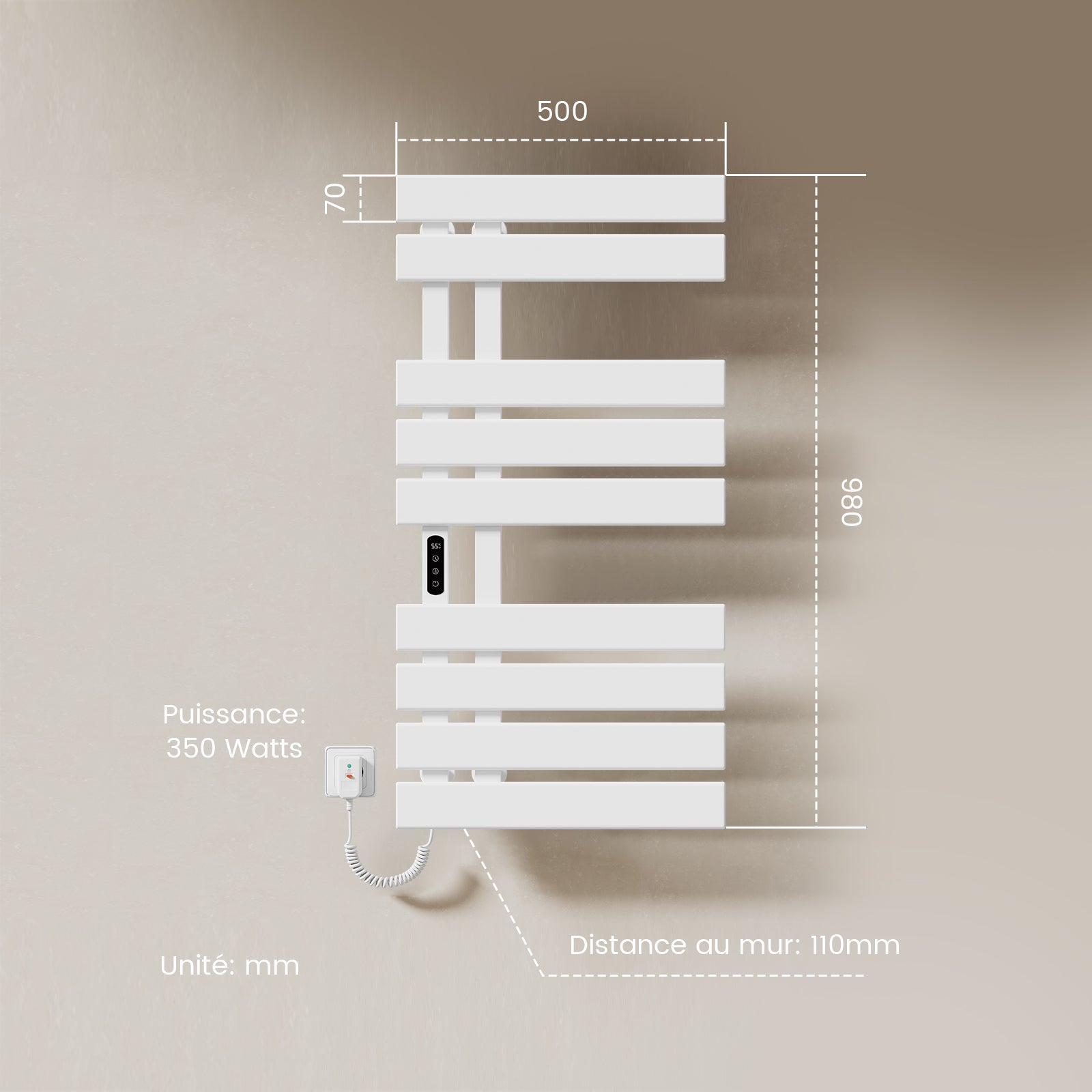 EMKE Sèche-serviettes Électrique Connecté - Blanc Brillant - Écran Tactile & WiFi (Tuya/Alexa) - 1000 x 500 mm, 320 W - 8
