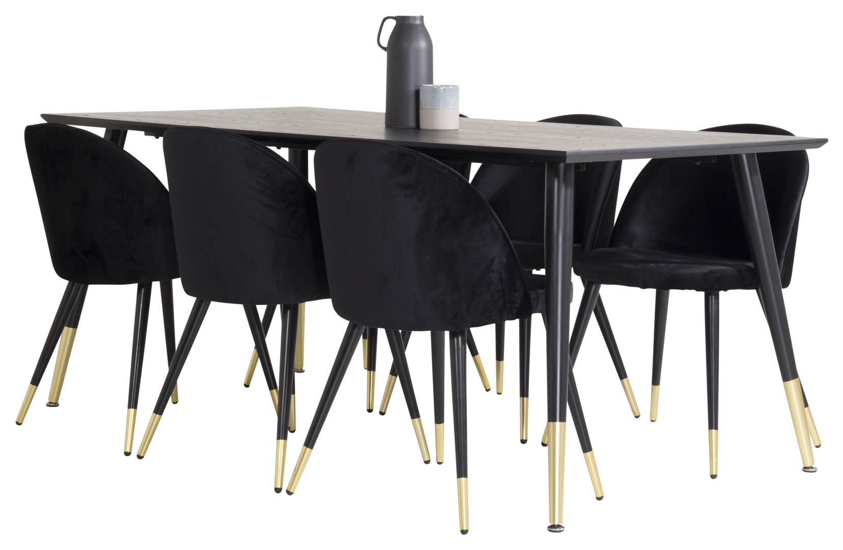 Dipp180x90BLBR zestaw do jadalni stół do jadalni czarny oraz 6 Velvet krzesło stołowe welur czarny, mosiądz dekor.