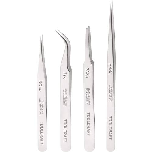 TOOLCRAFT 816747 Jeu de pinces brucelles 4 pièces SS SA, 2a SA, 7 SA, 3c SA plate, ronde, pointe en forme de faucille,