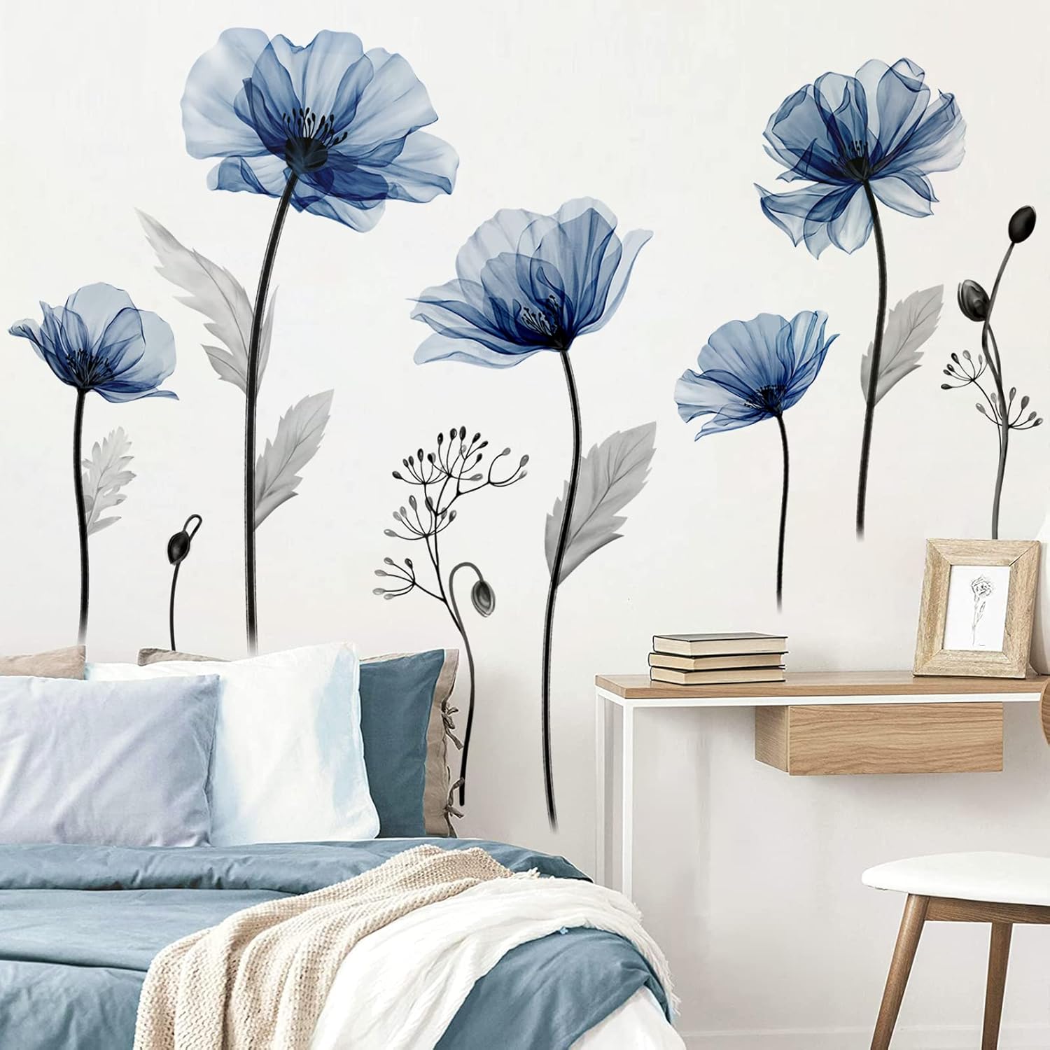 Autocollant Mural Floral Bleu Et Gris - Vinyle, Motif Encre De Chine, 20x60 Cm - Décoration Chambre, Salon, Salle De Jeux