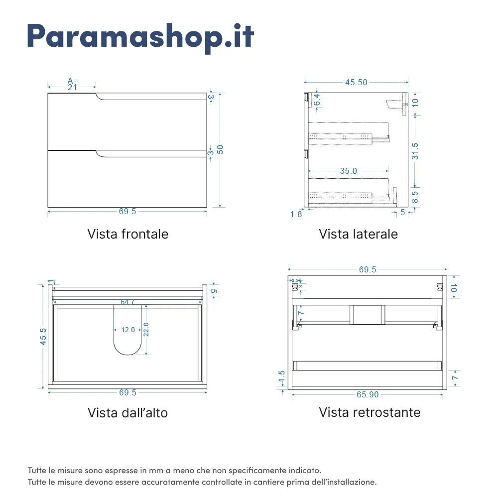 Mobile bagno sospeso 70 cm due cassetti color grigio opaco con lavabo | Moor - 8