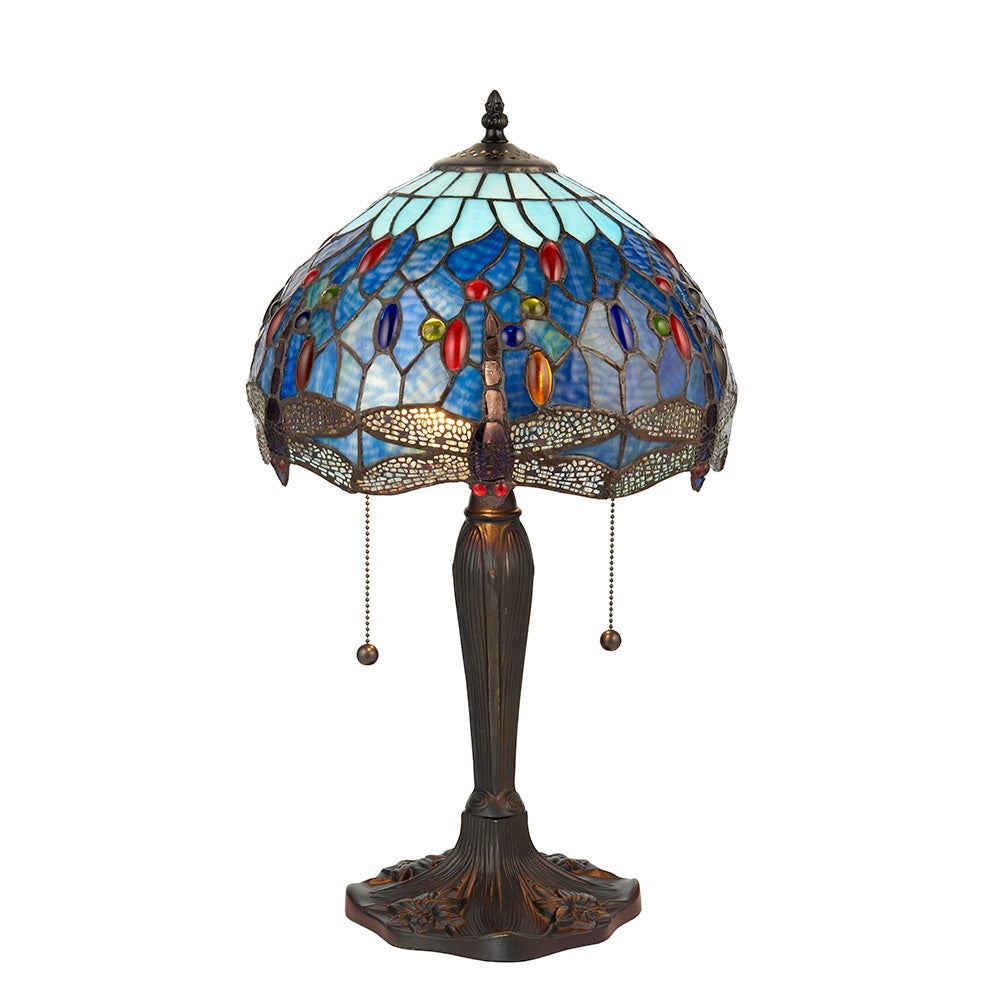 Lampa stołowa ważki DRAGONFLY BLUE multikolor czarna 2xE27x20W szkło wym:55,5x30x30cm IP20 Tiffany