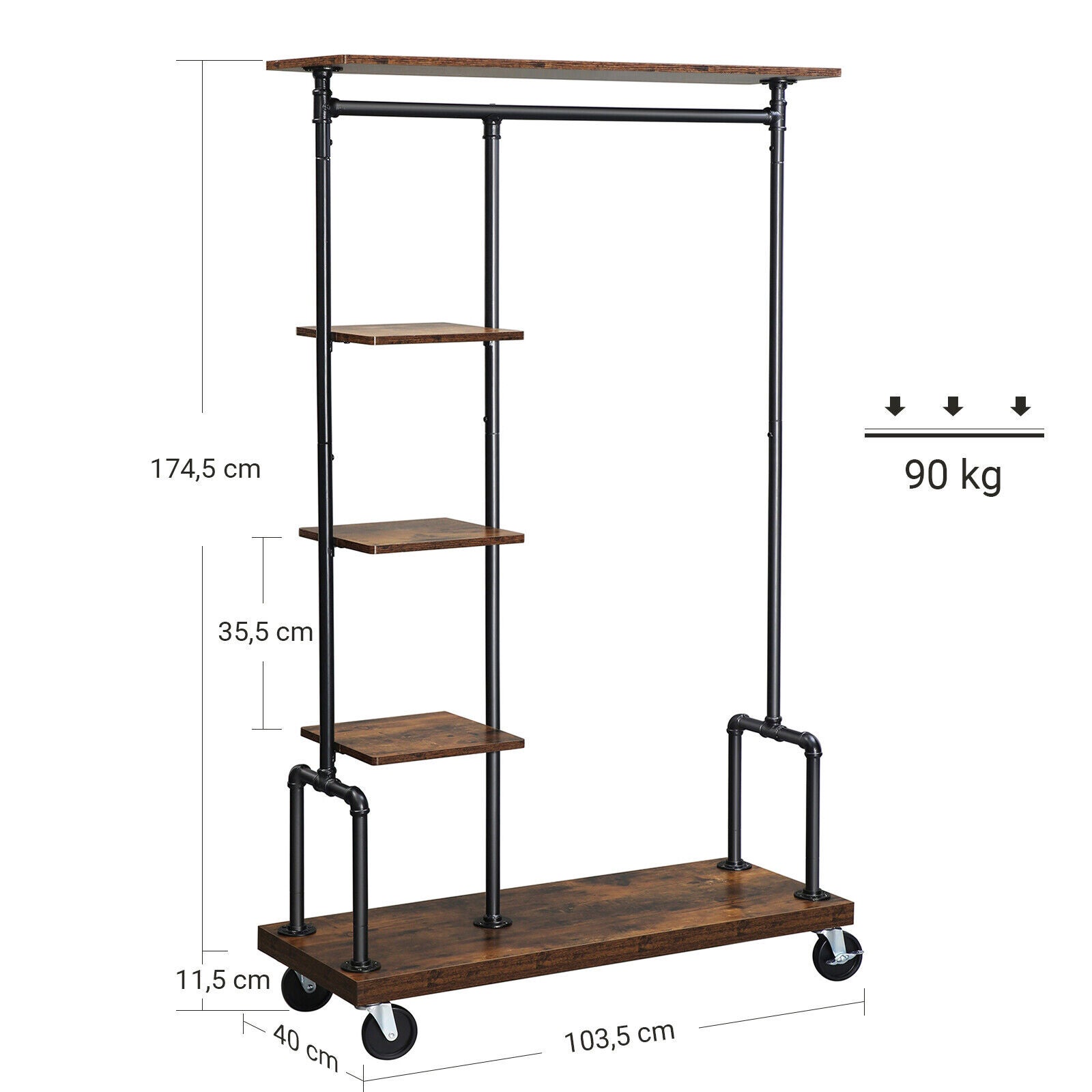 Portemanteau Mobile, Vestiaire sur roulettes, Meuble d’Entrée, Portant à Vêtements à 5 Niveaux, Structure Métallique, Marron Rustique - 5