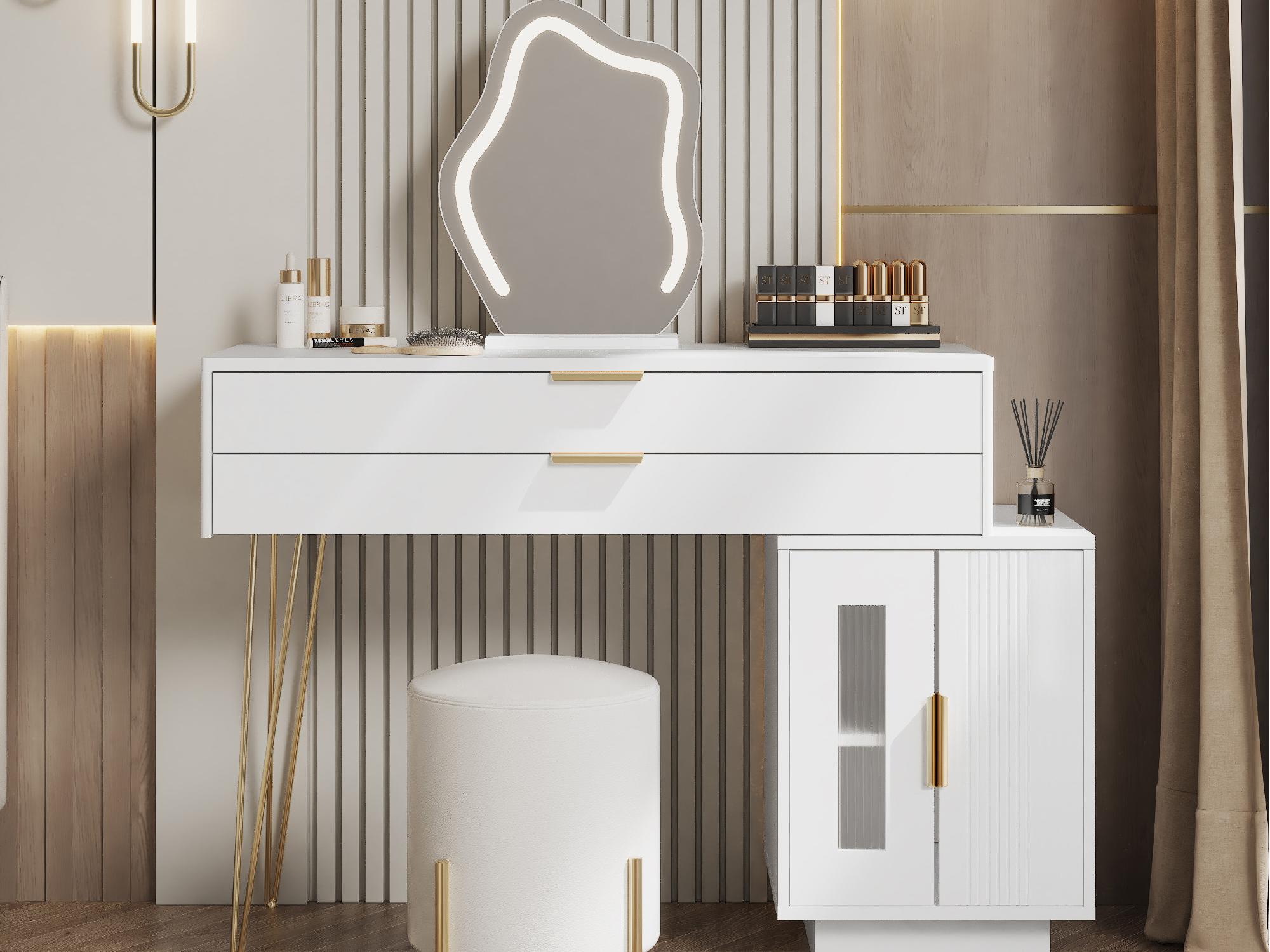 Coiffeuse avec miroir 100×40×78cm - avec éclairage LED - avec 2 tiroirs et 2 portes - Blanc（Sans tabouret） | Leroy Merlin