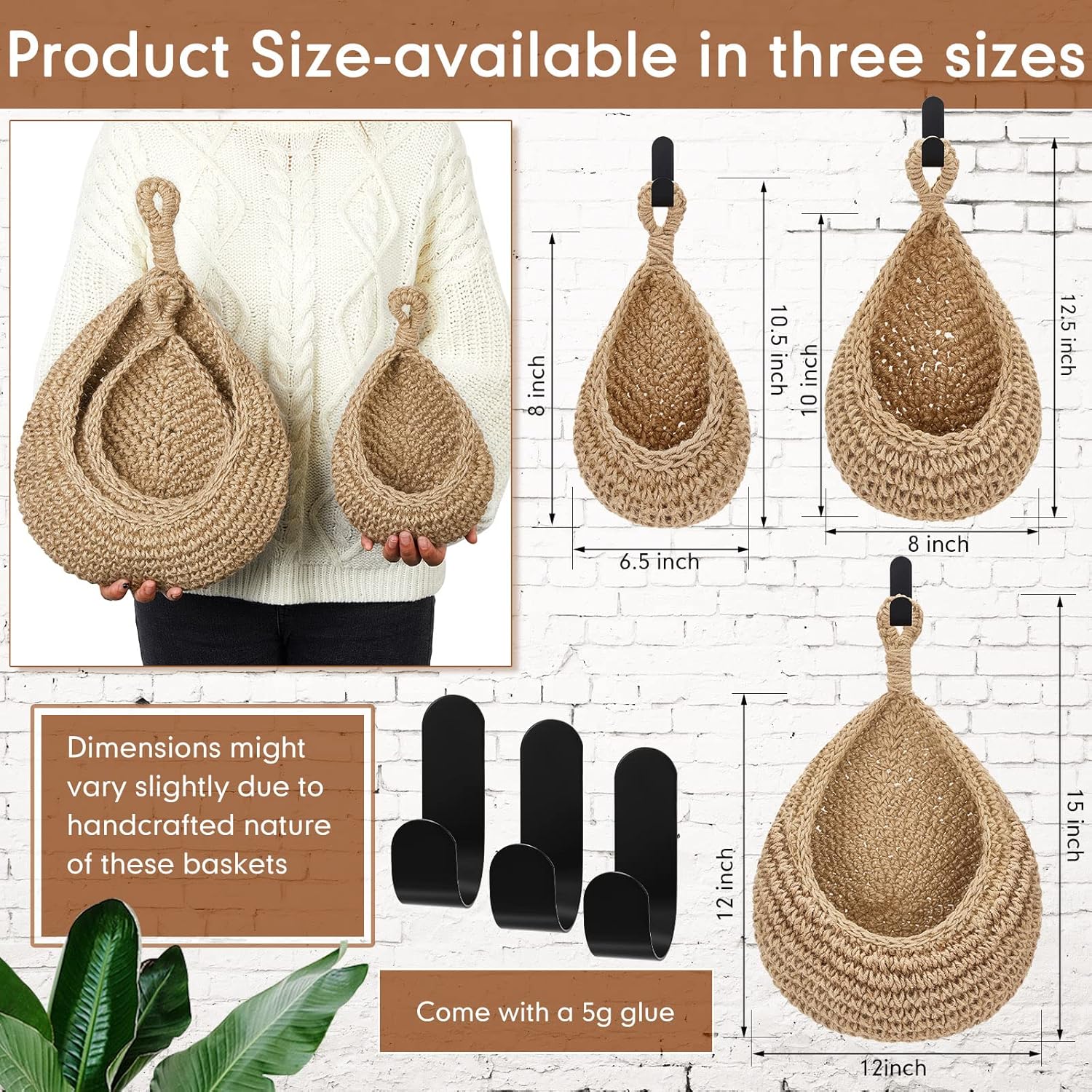 Paniers muraux suspendus style bohème pour la cuisine, lot de 3 paniers en forme de goutte avec crochets, pour ranger fruits, oignons, légumes，cotton - 2