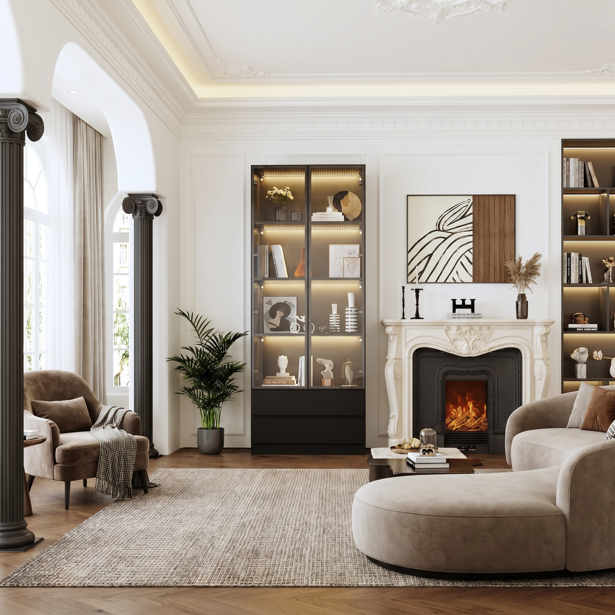 Vitrine à Lumières LED 3 couleurs, Armoire de Collection avec 2 Portes en Verre et 2 Tiroirs, Bureau et Salon, 80x36x200, Noir - 8
