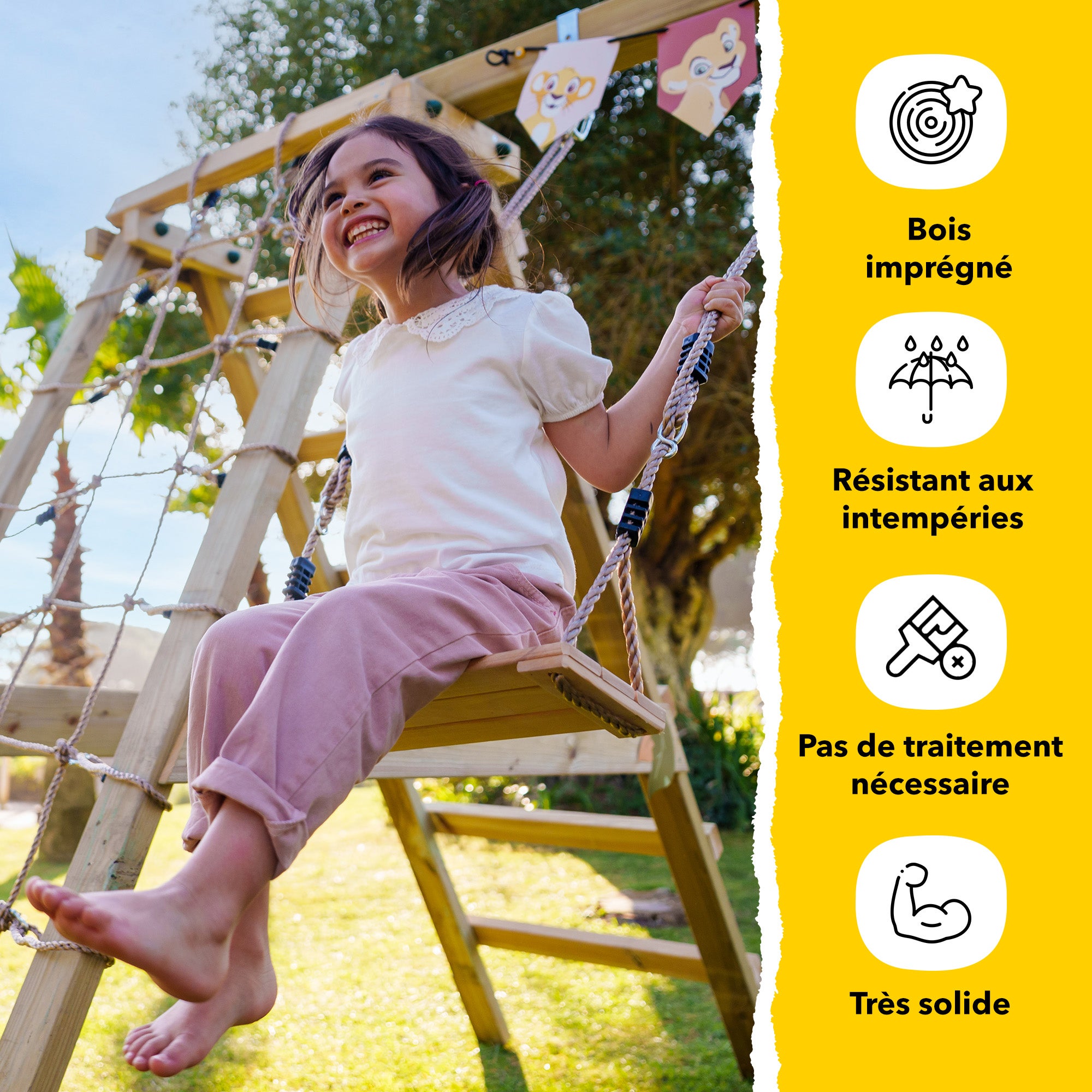WICKEY Balançoire double Smart Hike en bois avec module d’escalade, 2 sièges réglables et accessoires rouges - 6
