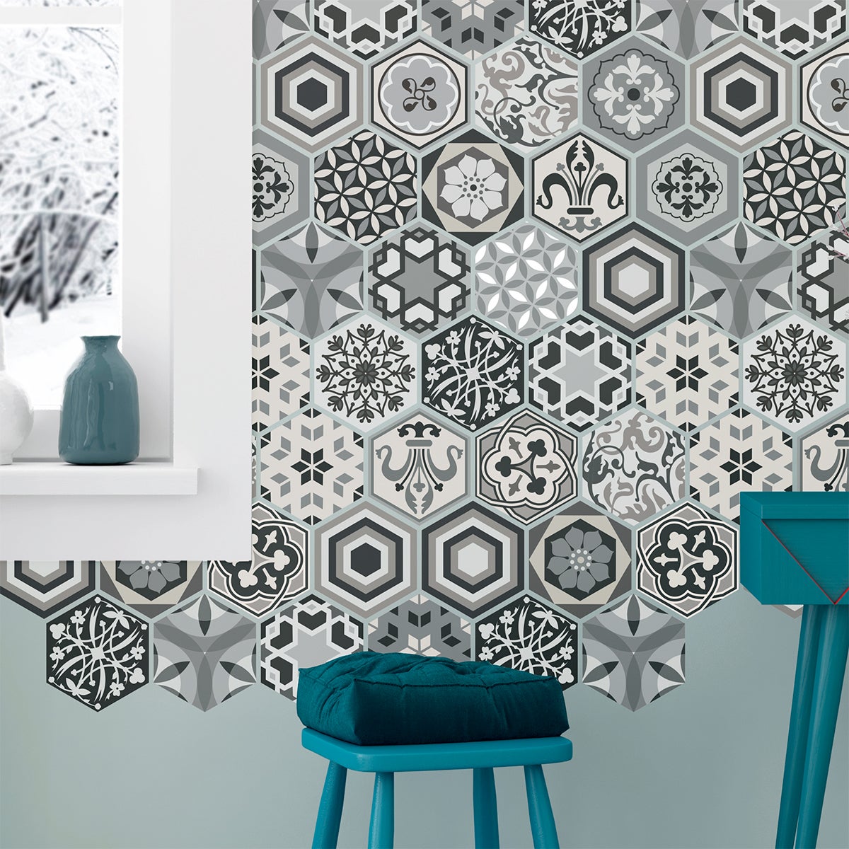 Adesivo piastrelle esagonali sfumature di grigio mosaico - Sticker adesivo - adesivi murali - 28stickershexagones15x13,5cm - 4