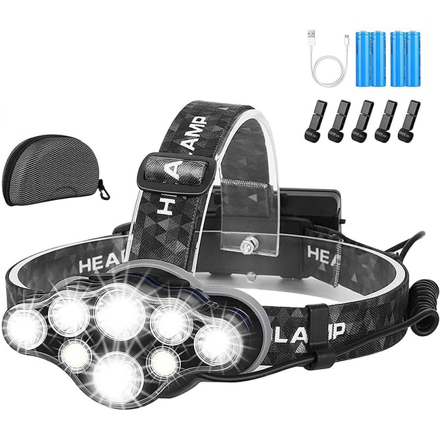 Lampe Frontale,Torche Frontale 18000 Lumens 8 LED 8 Modes d'éclairage,Lampe Frontale LED Ultra Puissante Rechargeable USB 90° Réglable Étanche