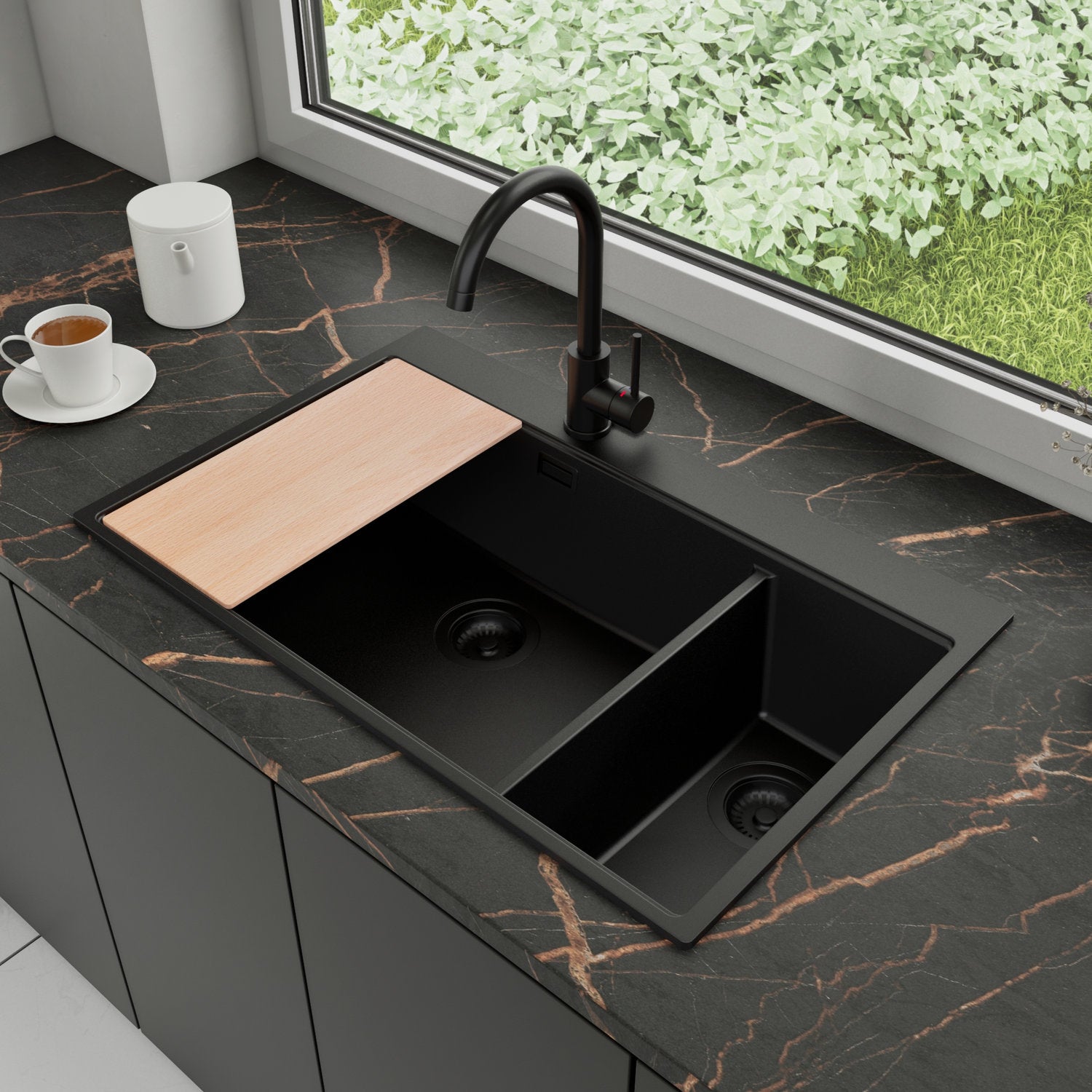 Zlewozmywak Granitowy 78x50cm, do szafki od 80cm + Bateria + Syfon + Deska - Rubin Cały Czarny STONESTYLE