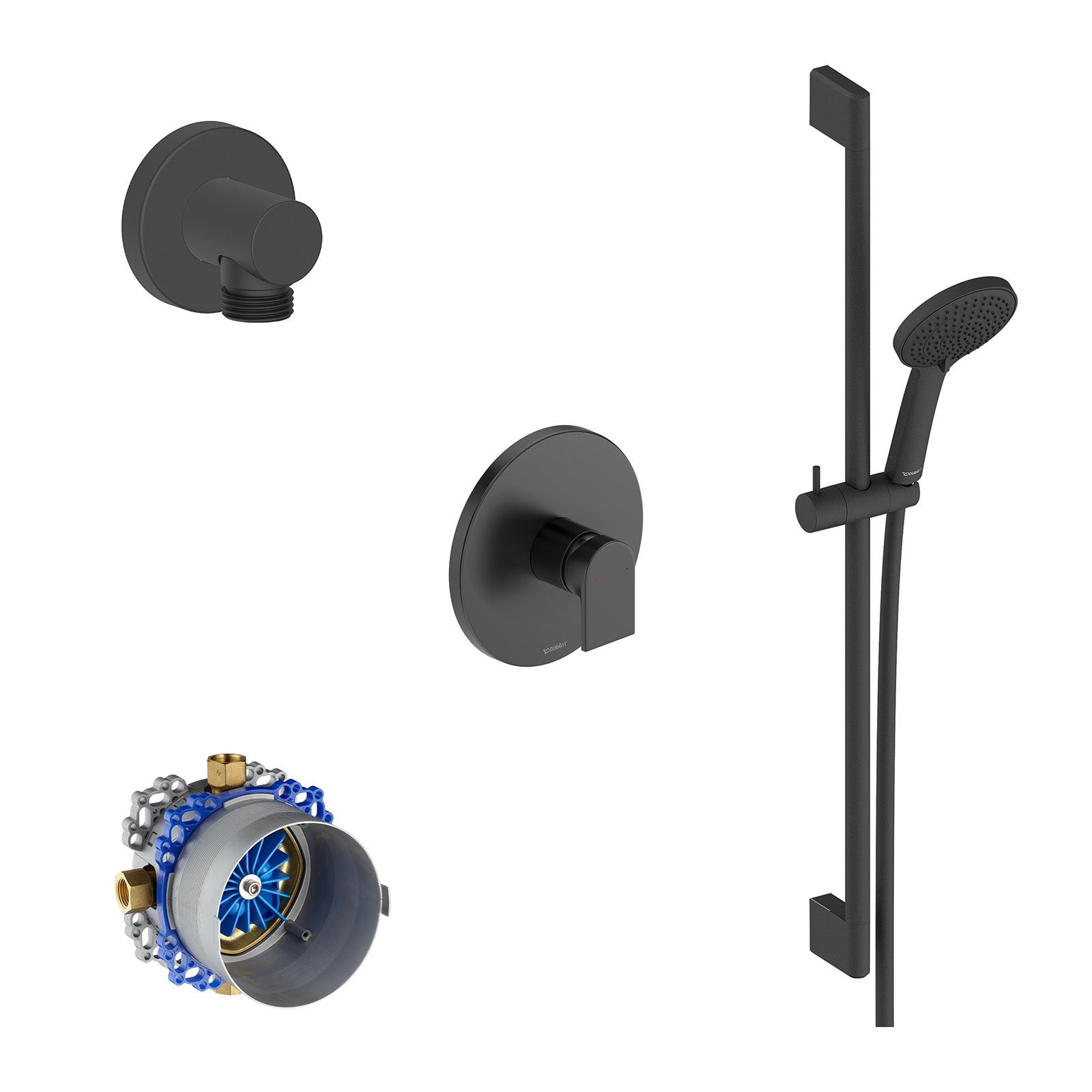 Duravit - conjunto de grifo mezclador de ducha empotrado + barra de ducha, codo de pared y ducha de mano, negro mate + bluebox - tulum