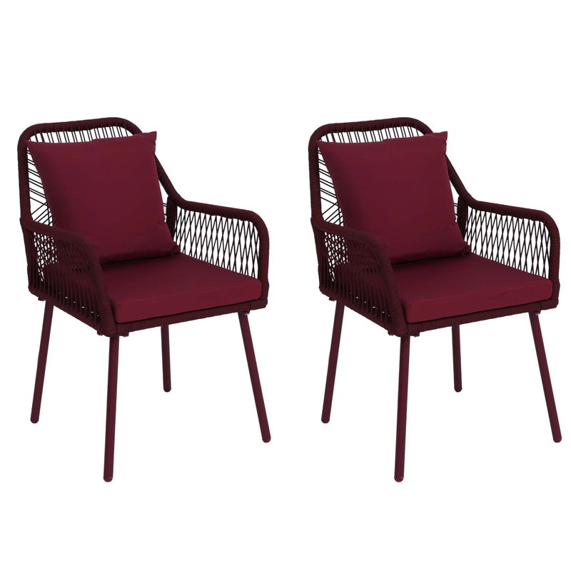 Zestaw 2 krzeseł ogrodowych HWC-O12, poduszki siedziska/oparcia Outdoor, plecionka aluminiowa Rope ~ bordowa, pokrowiec bordowy