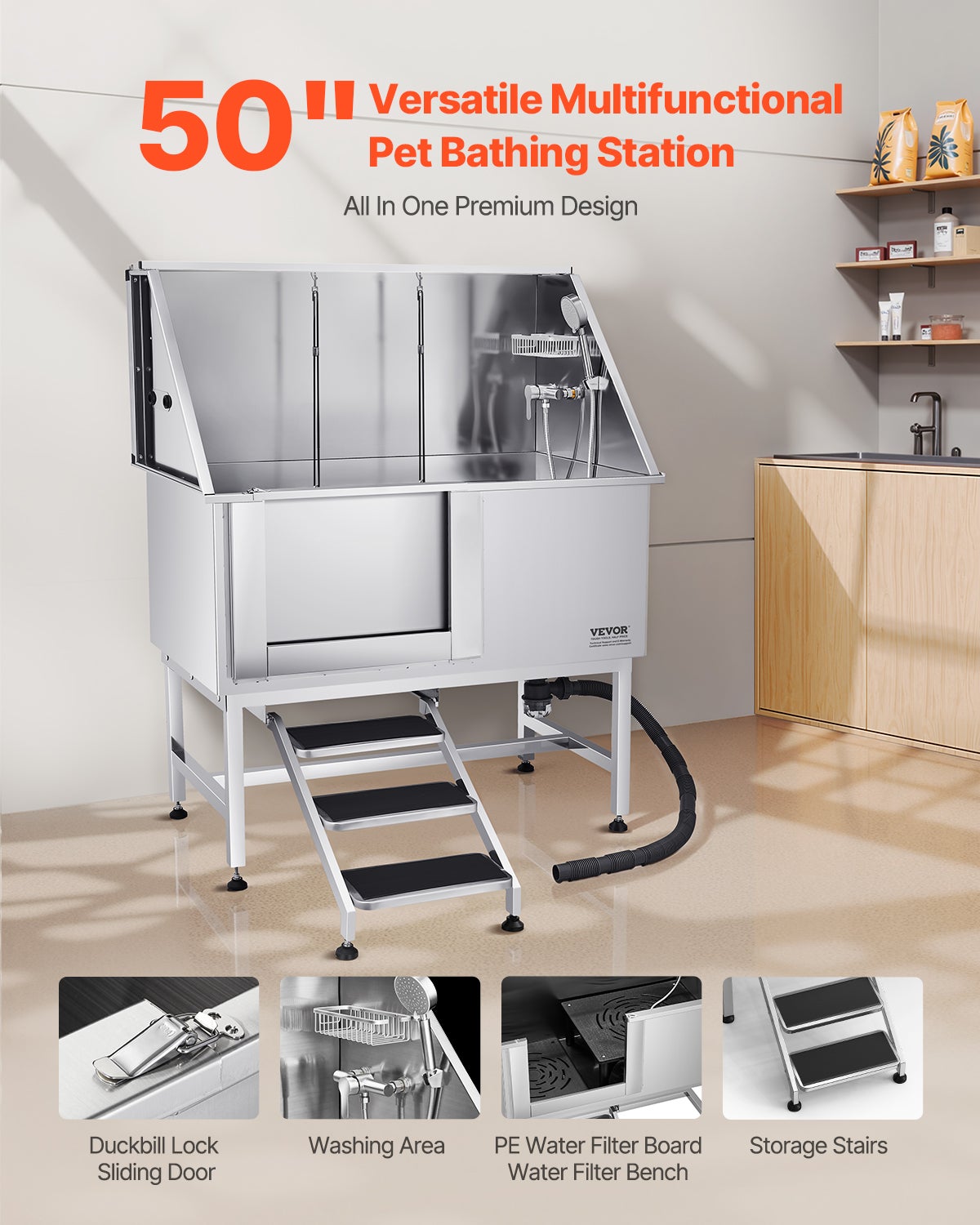 Banho para cães de aço inoxidável VEVOR, para animais de estimação Estação de lavagem para gatos de 127 cm, com escadas, painel de filtro de água - 2