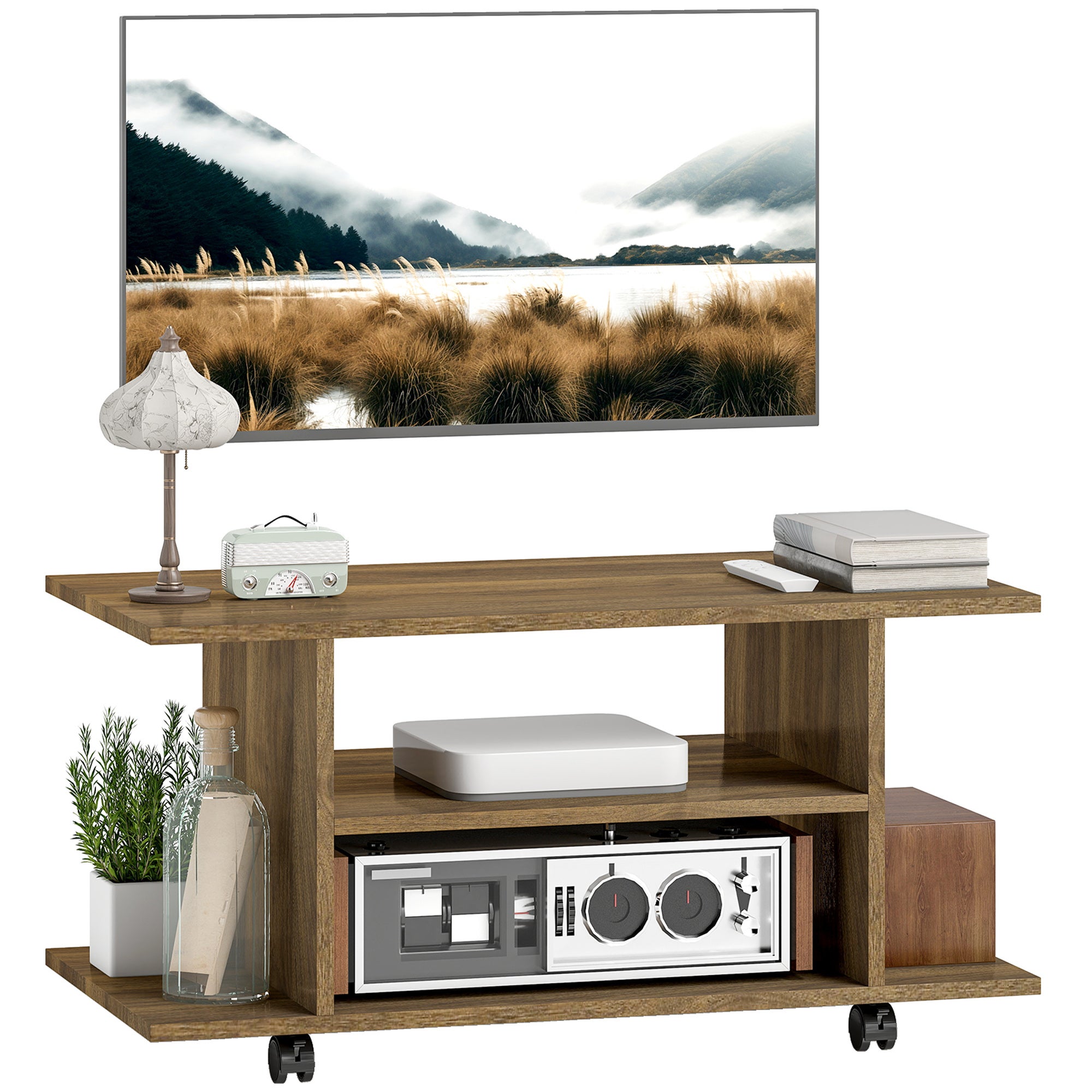 Mueble de TV moderno con estantes, ruedas giratorias y frenos, 80 x 40 ...