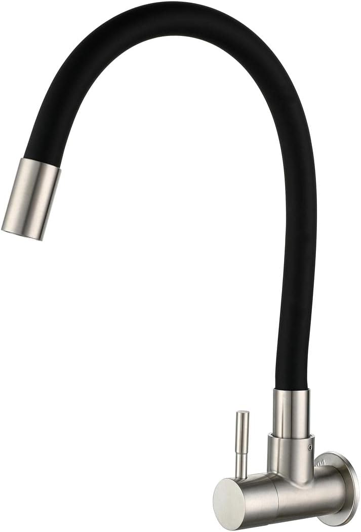 Czarny, ścienny kran kuchenny, bateria umywalkowa do zimnej wody, mieszacz obrotowy 360° z elastycznym silikonowym wężem