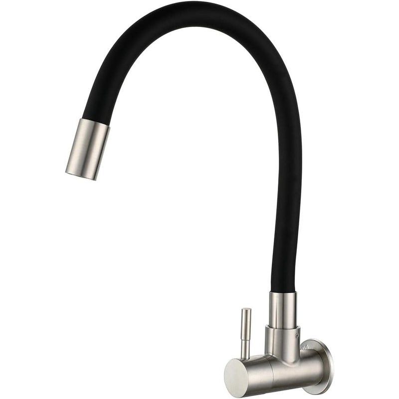 Czarny, ścienny kran kuchenny, bateria umywalkowa do zimnej wody, mieszacz obrotowy 360° z elastycznym silikonowym wężem