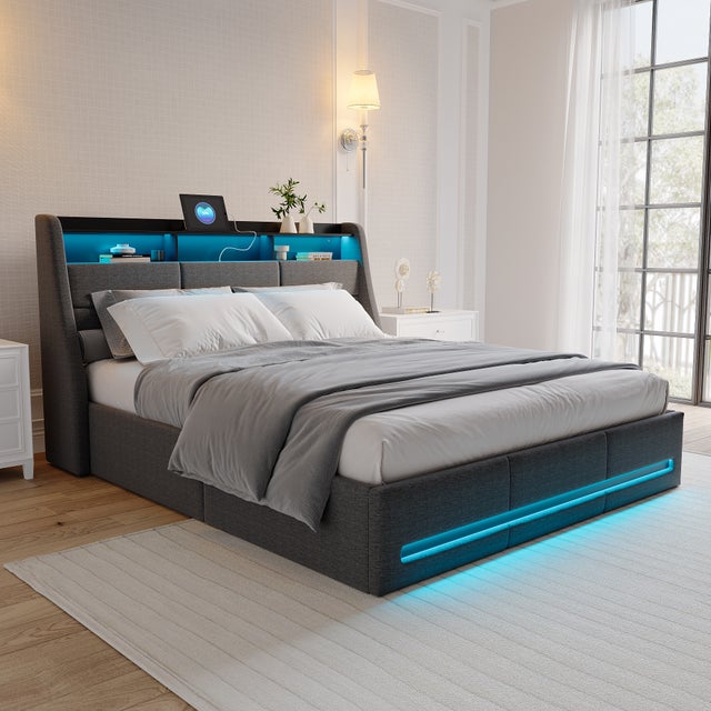 Lit coffre 140x190 cm avec port USB et Type C, lit double avec sommier à lattes, lit adulte avec LED, tissu en lin, 140x190 cm, gris