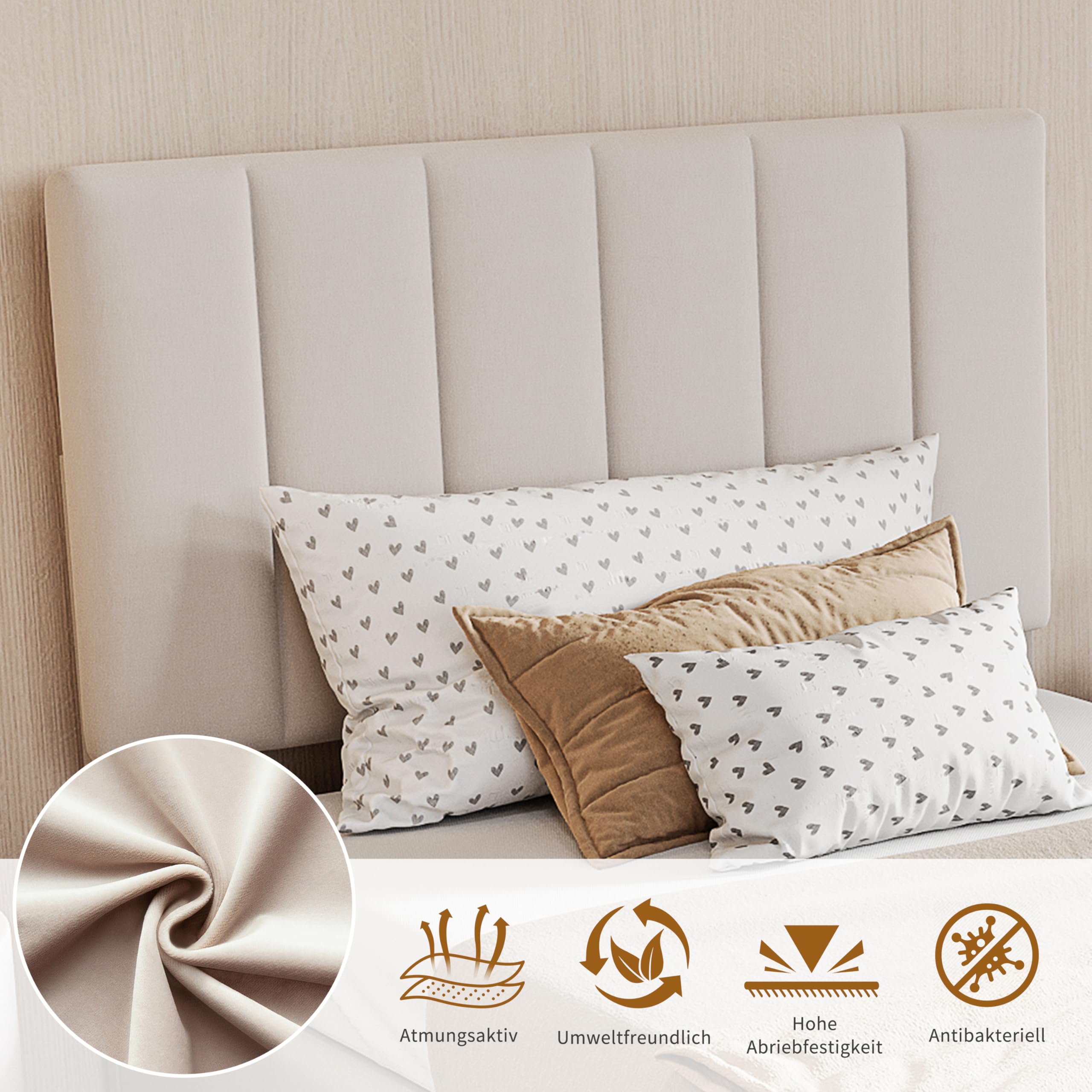 Lit Coffre 90x200 cm, Lit Capitonné Enfant avec Coffre de Rangement Hydraulique et Sommier à Lattes, Tête de Lit Réglable, Sans Matelas, Beige - 6