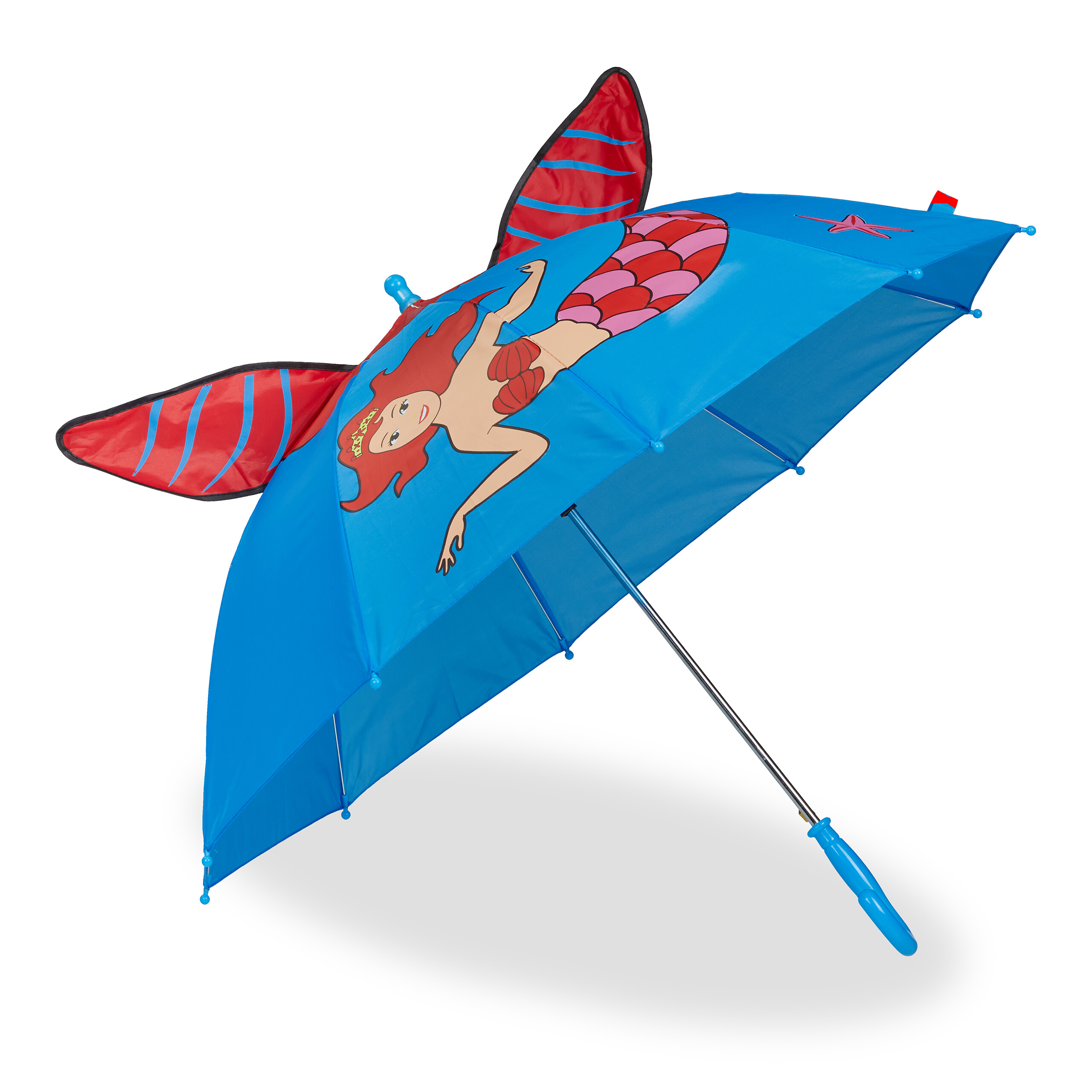 Relaxdays paraguas infantil diseño de sirenita, cola 3d, automático, niños, 78cm ø, varillas punta redondeada, azul/rojo
