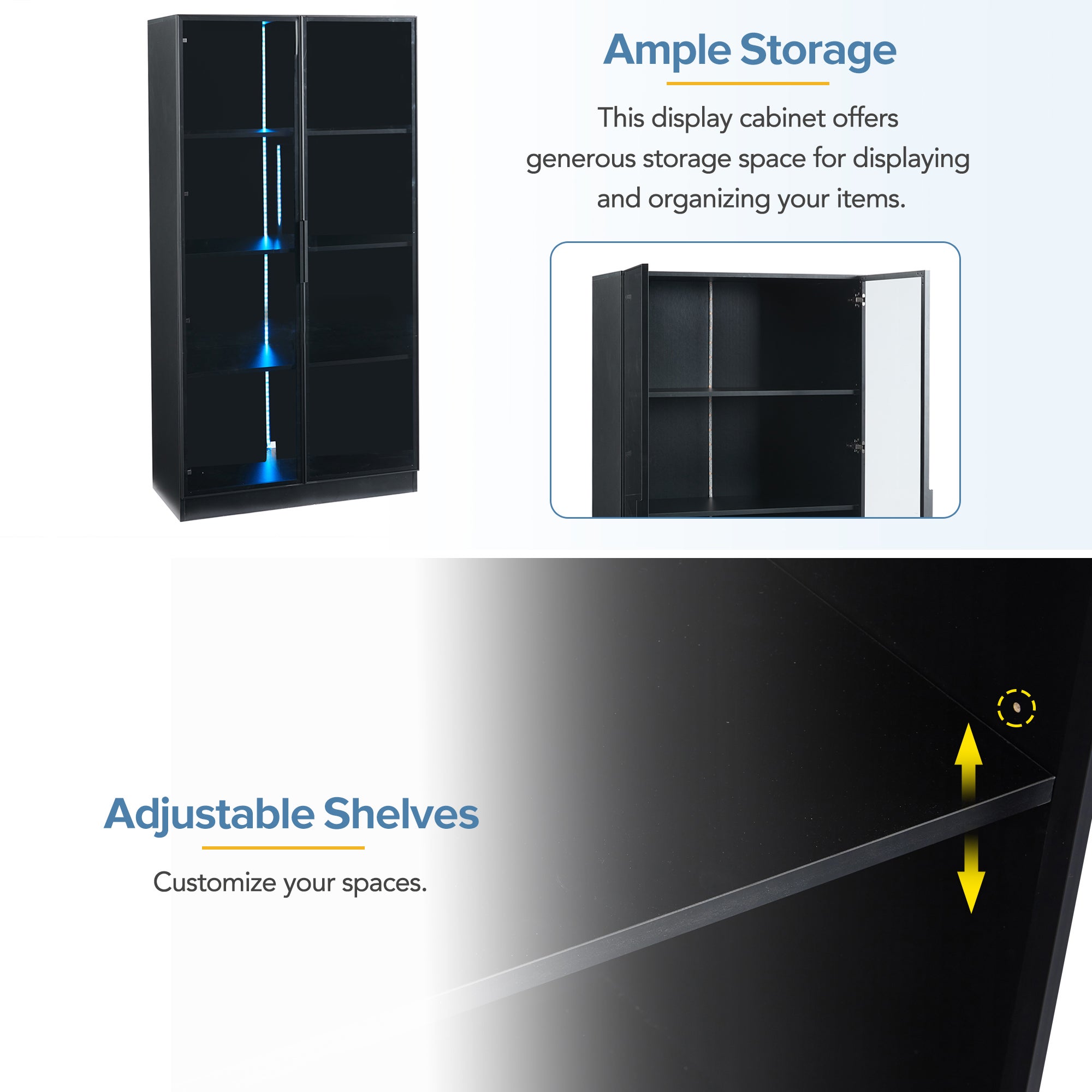 Vetrina con 2 ante in vetro - 80 x 40 x 160 cm - LED e ripiani mobili - Pannello truciolare - Nero - 7