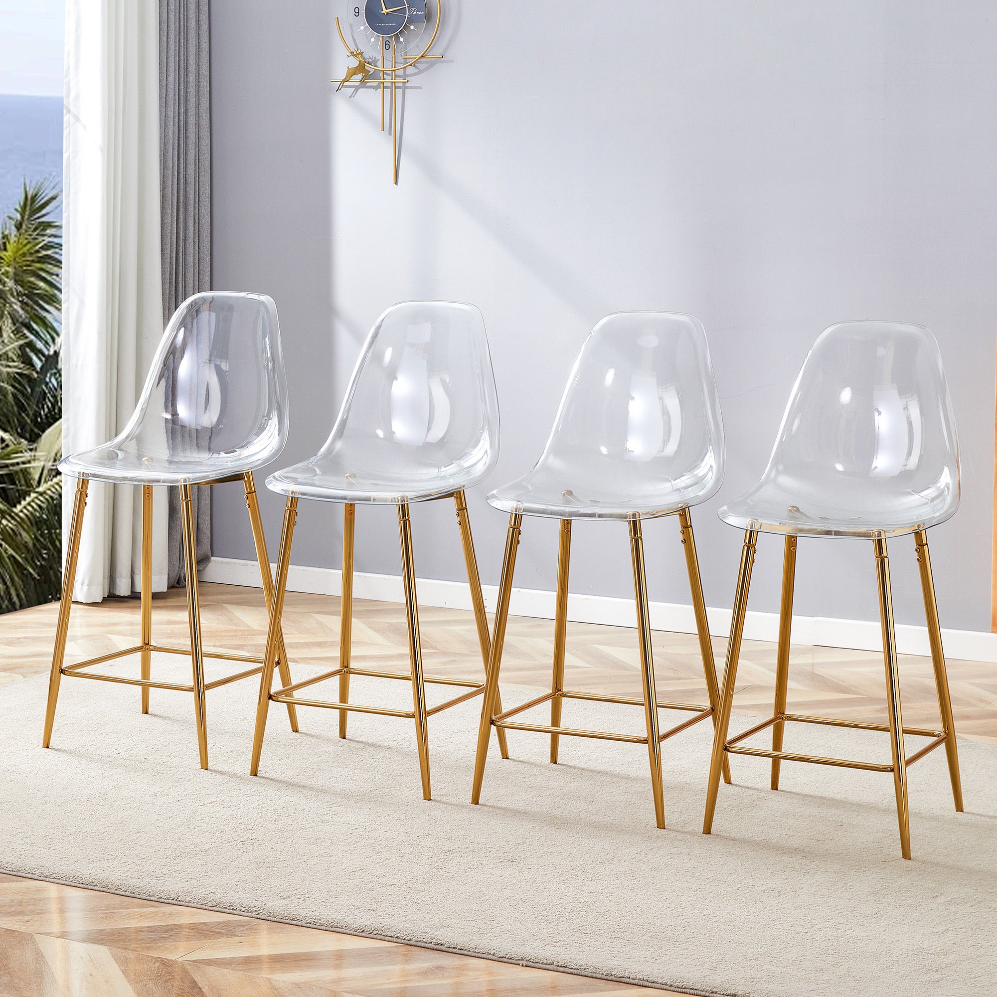 Ensemble de 4 tabourets de bar transparents, structure en métal argenté ...