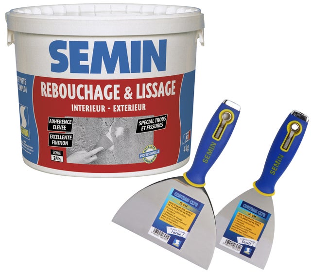 Enduit de rebouchage en pâte spécial fissures et trous de vis Semin - intérieur/extérieur - Seau de 4 kg et 2 couteaux à enduire - 10 cm et 15 cm