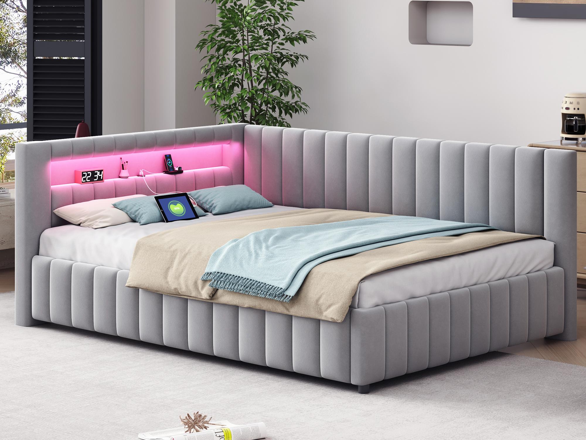 Łóżko tapicerowane aksamitem - 140x200 cm - z oświetleniem LED i wtyczką USB - Jasnoszary (materac nie wchodzi w skład zestawu)