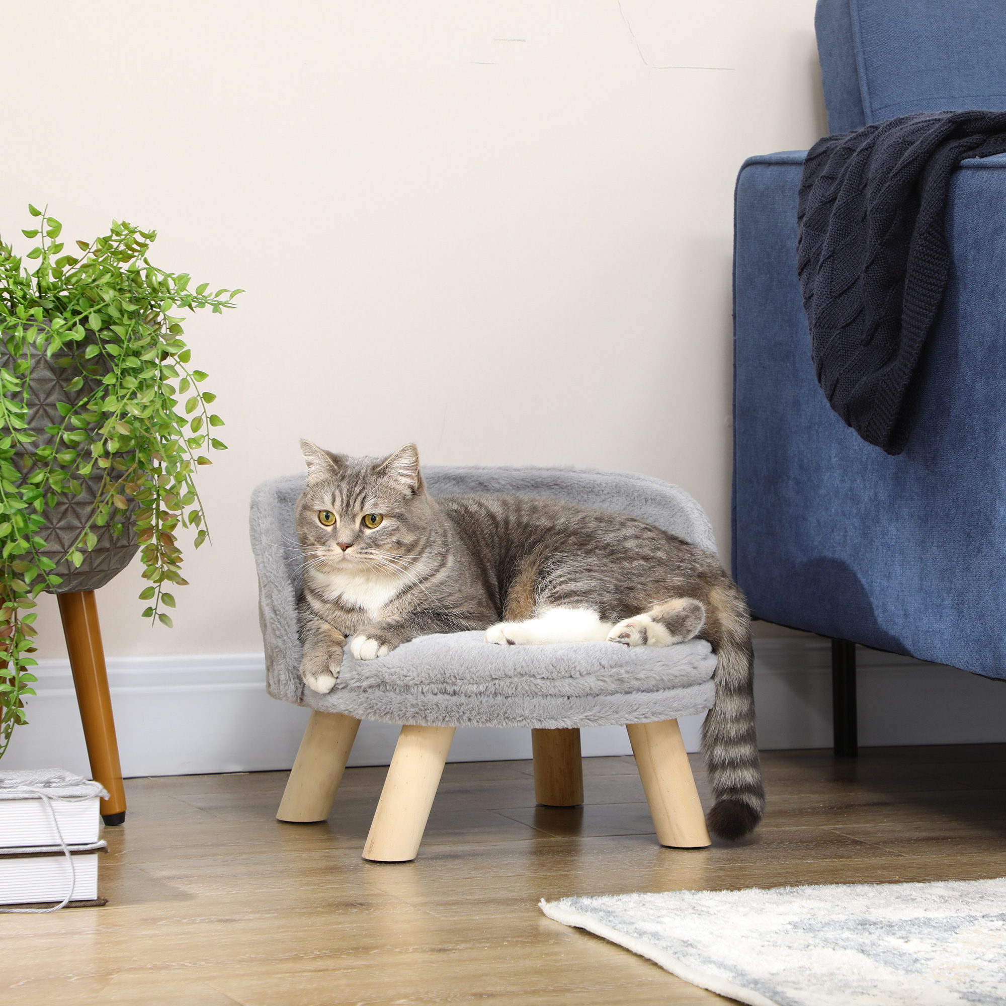 PawHut Divano per Gatti e Cani Rotondo in Peluche e Legno con