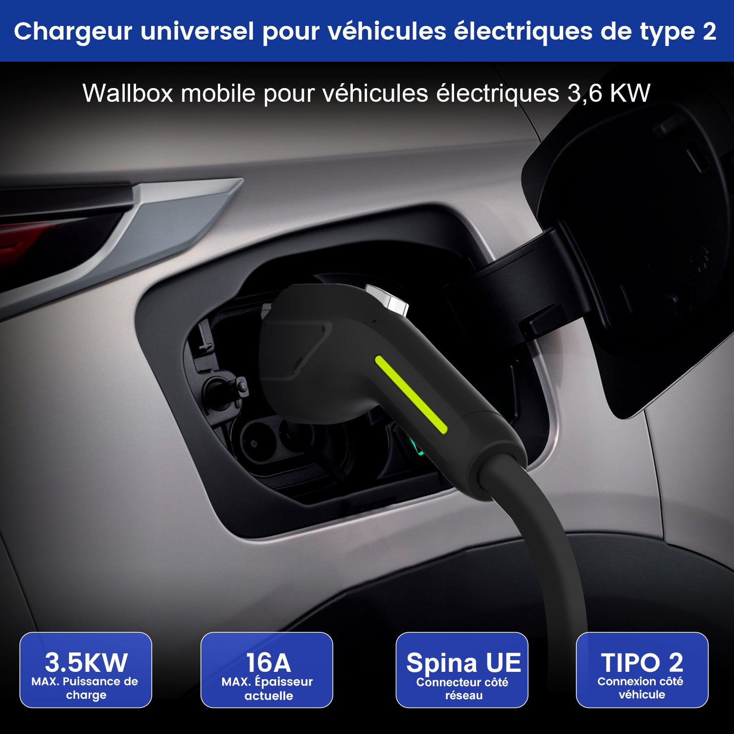 Cabo de Carregamento para EV 3.5kW - Tipo 2 - 4m - 6-16A - Compatível com e-208, Model Y, Megane E-Tech, 500e - 8