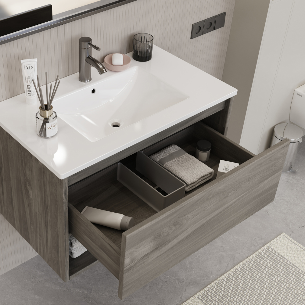 Meuble de salle de bain suspendu avec lavabo et miroir sous lavabo 80 cm avec tiroir et compartiment, gris chêne - ZIK - 2