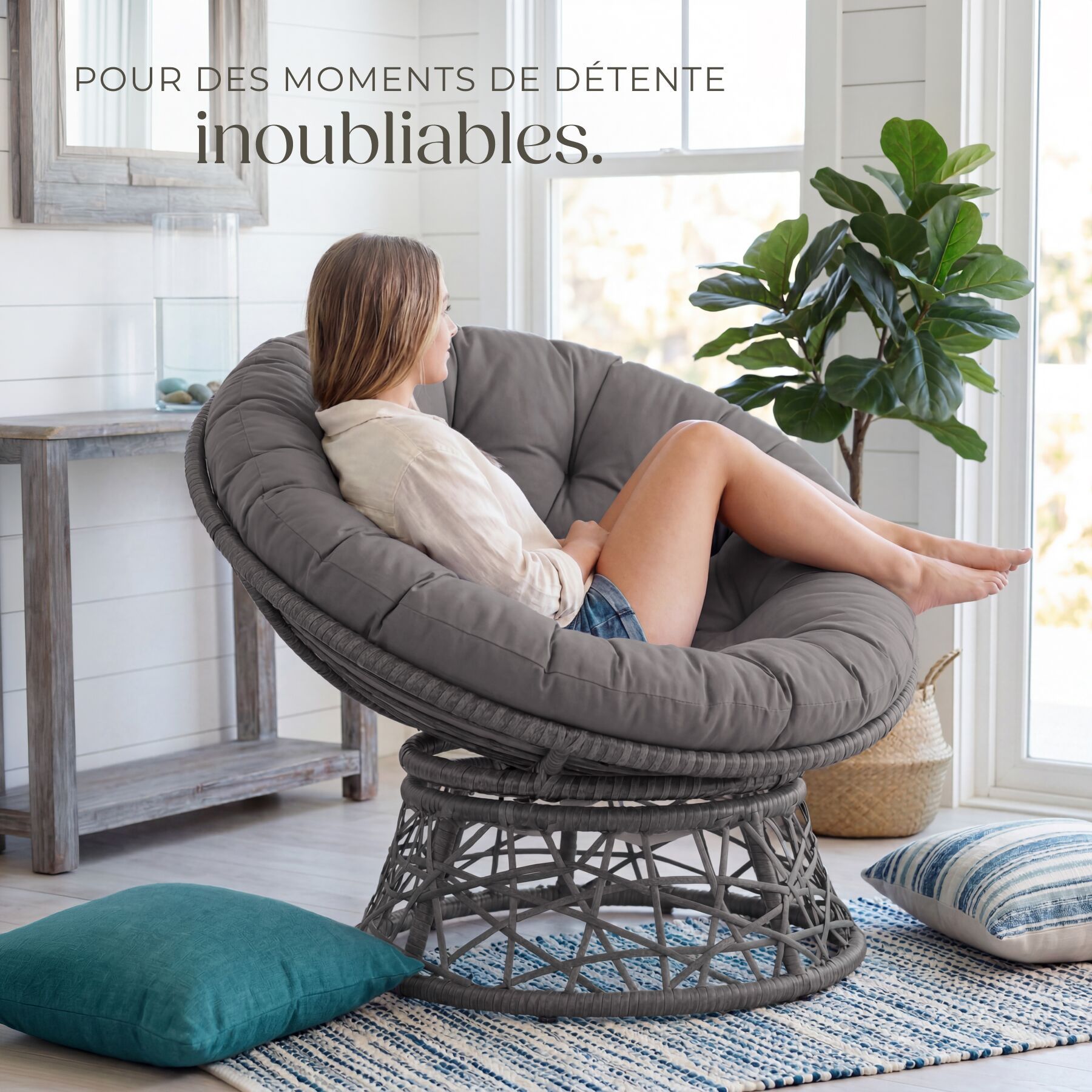 Fauteuil papasan rotin en résine tressée et acier rotatif avec coussin rond et confortable TECTAKE - 8
