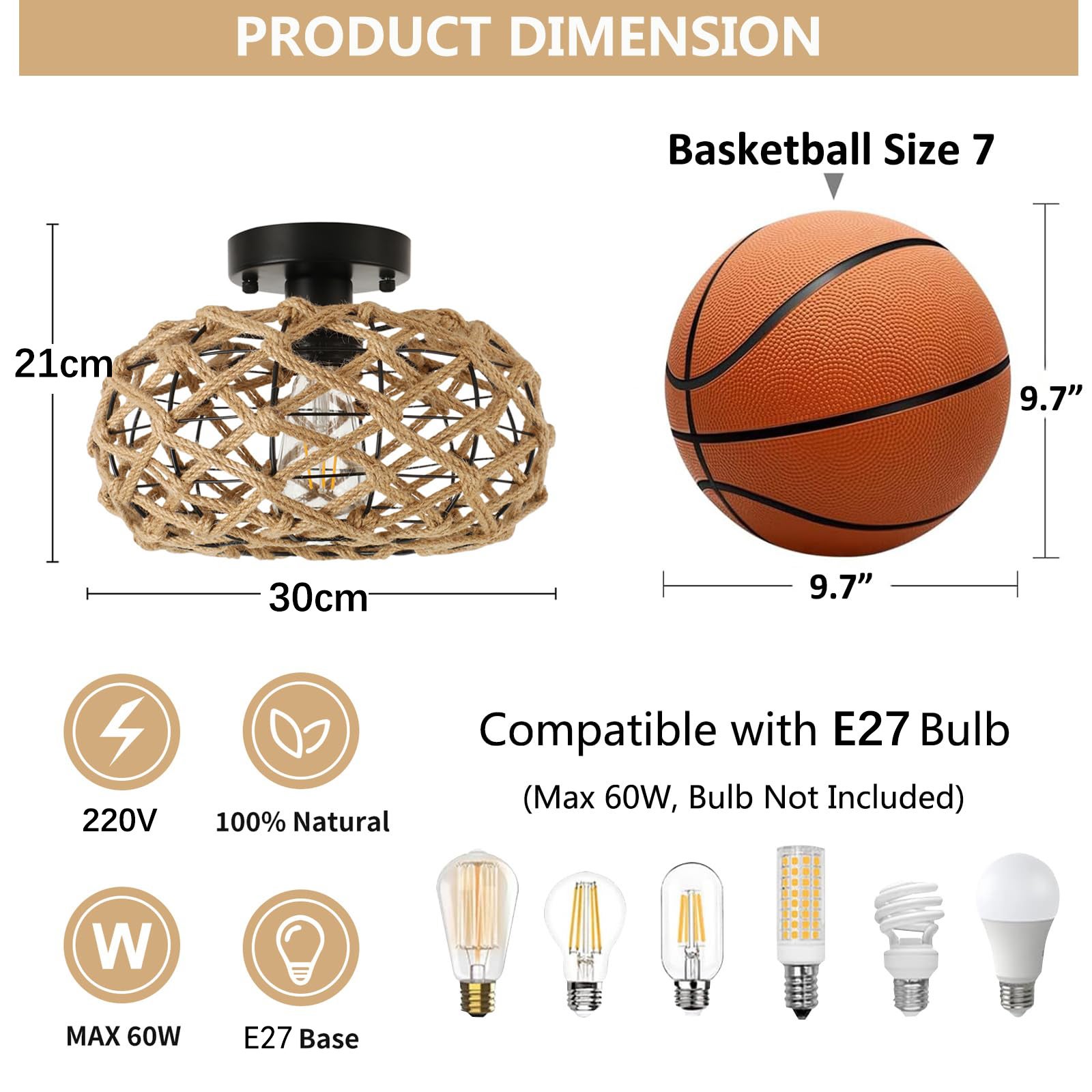 Lampa sufitowa rattanowa, żyrandol w stylu boho, lampa wisząca w stylu industrialnym, żyrandol sufitowy w stylu wabi-sabi - 4