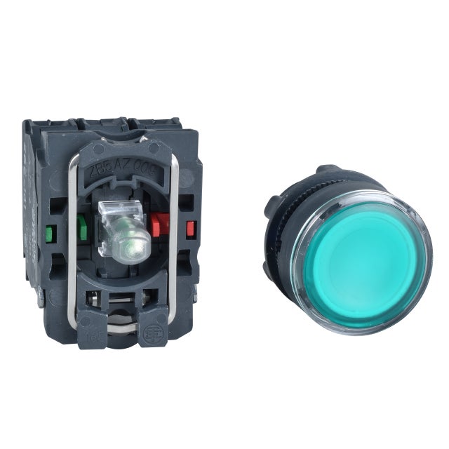 bouton poussoir lumineux - affleurant - 1no + 1nf - vert - 230v - schneider xb5aw33m5
