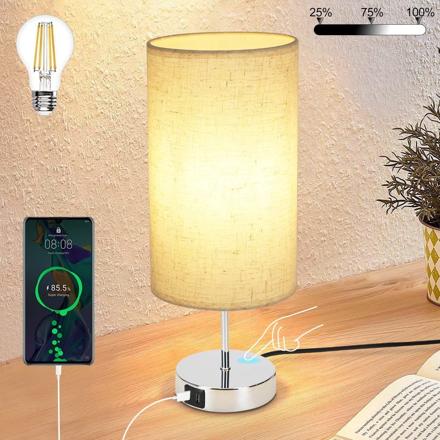 NETTLIFE Dotykowa lampka nocna z możliwością ściemniania, z funkcją ładowania, nowoczesna lampka stołowa z portem USB E27