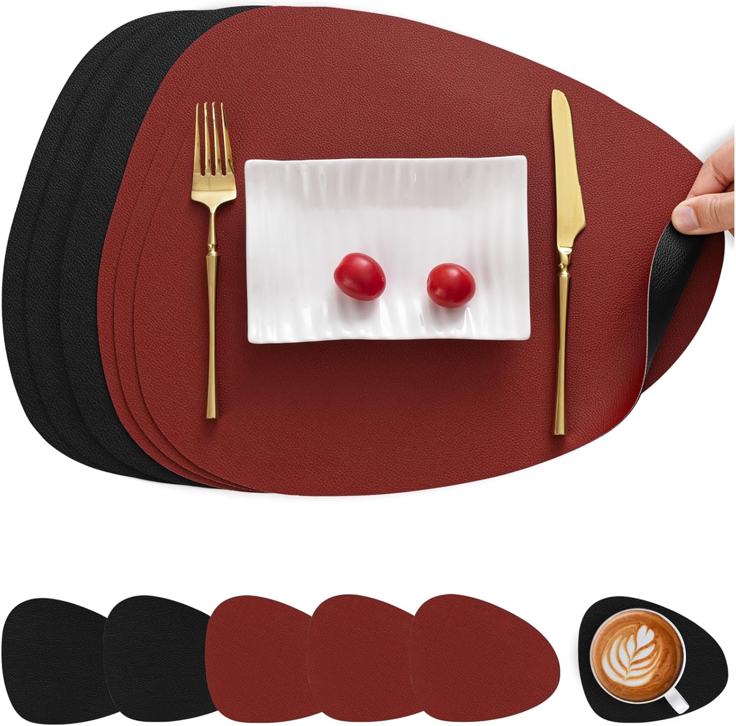 Skórzane podkładki i podstawki, dwustronne, antypoślizgowe, zmywalne i wodoodporne (czerwono-czarne, zestaw 6 sztuk)