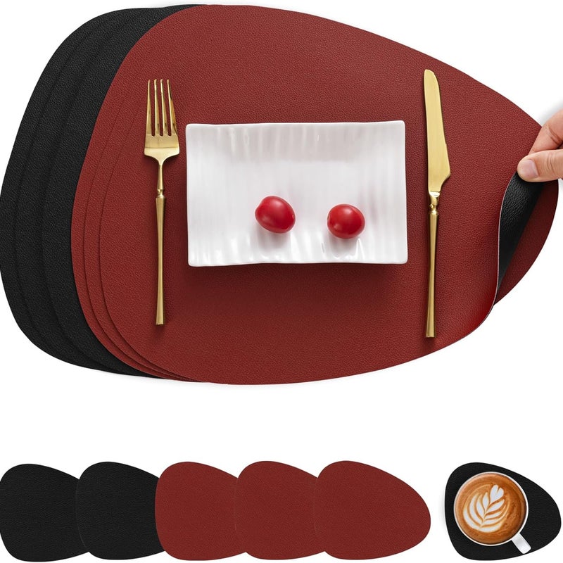 Skórzane podkładki i podstawki, dwustronne, antypoślizgowe, zmywalne i wodoodporne (czerwono-czarne, zestaw 6 sztuk)