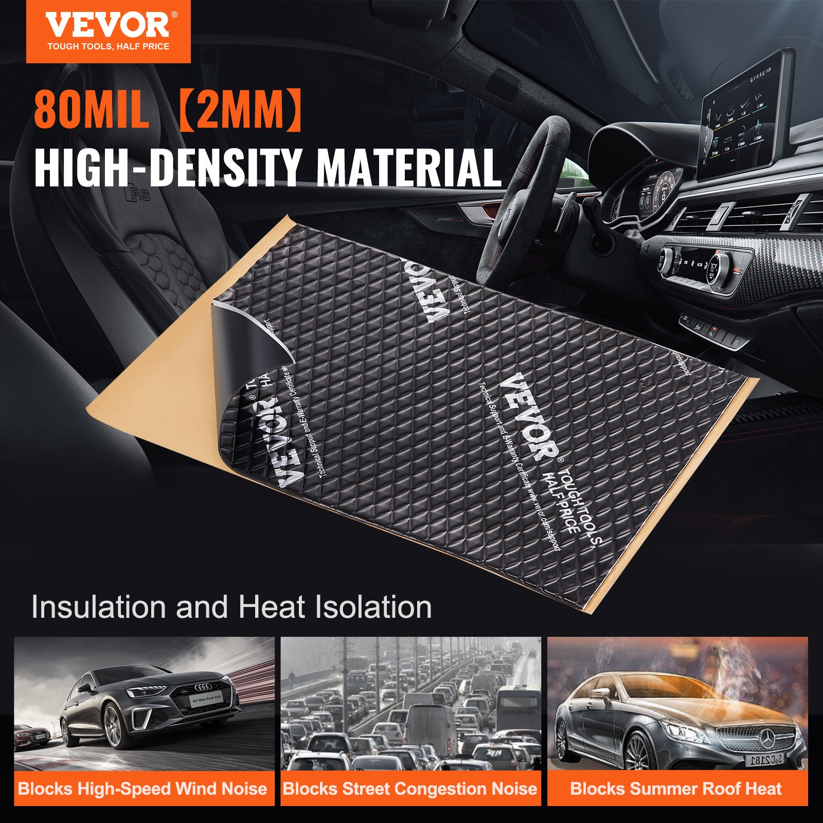 VEVOR Tapis D'Isolation Phonique 1,3 Mm 4,8 M² - Insonorisation Voiture Caoutchouc Butyle 47 Pièces