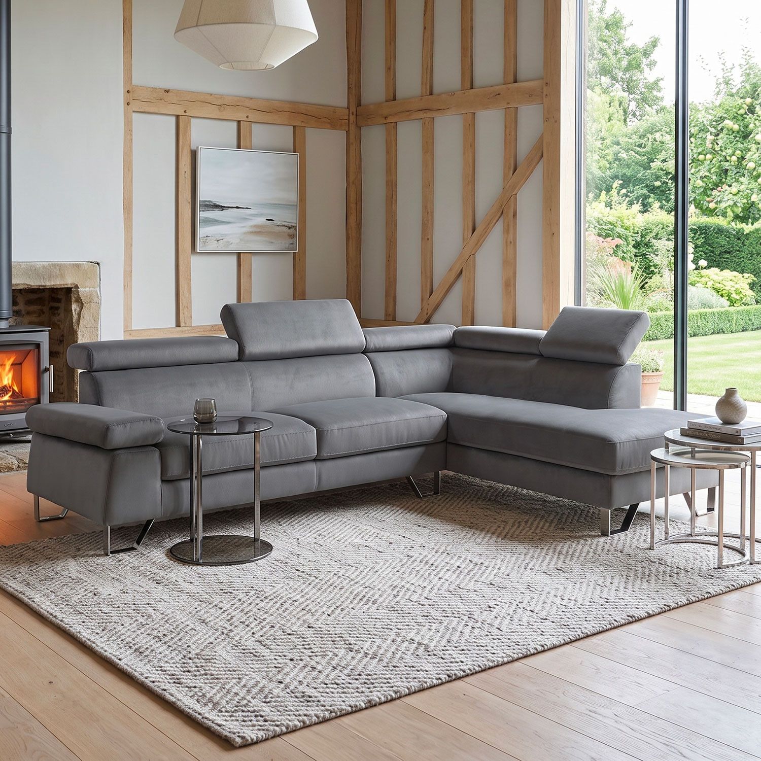 Canapé d'angle avec têtières relevables Quentin Velours Gris Foncé - 2