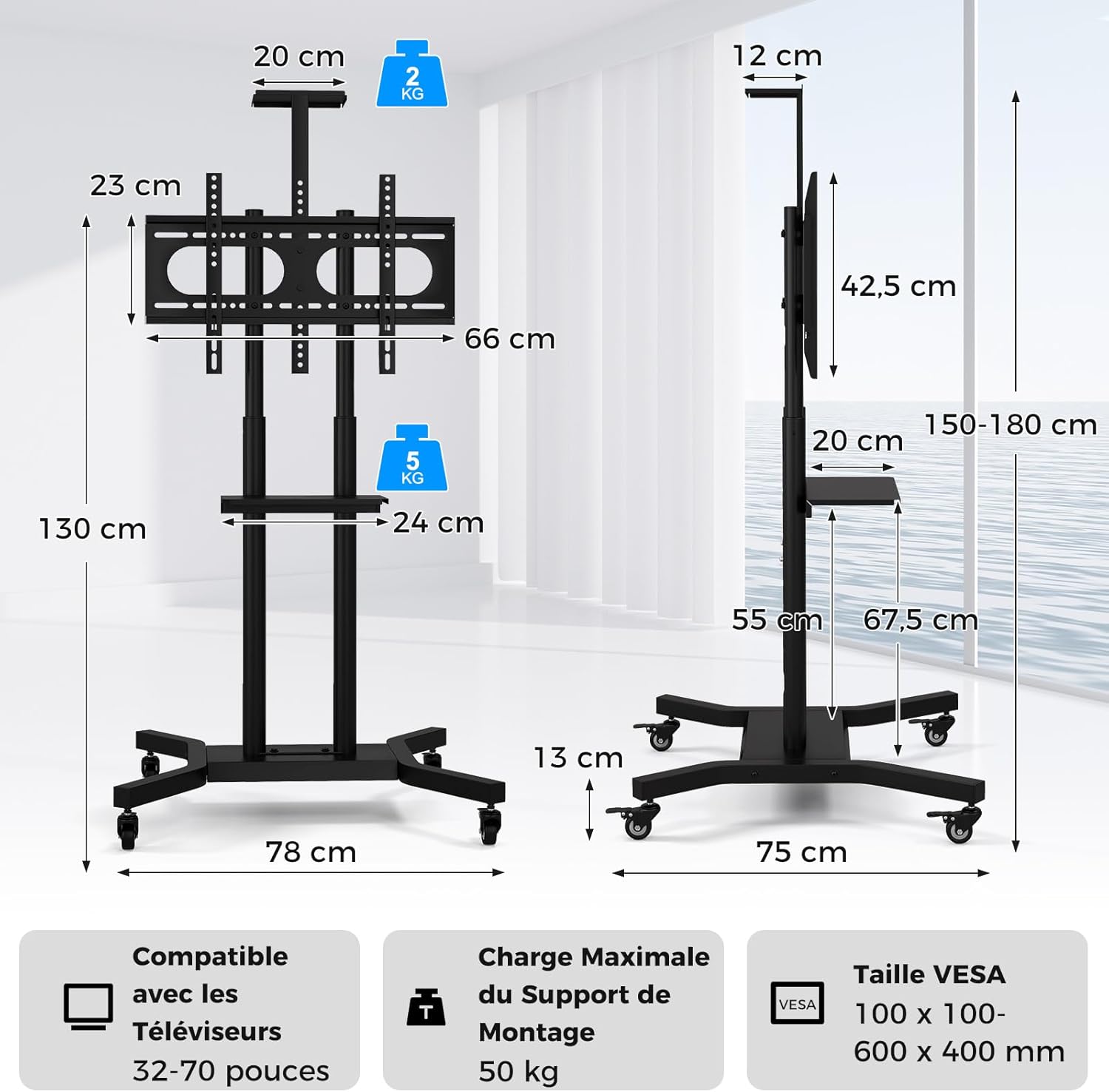 Support TV à roulettes, Support TV sur Pieds en Hauteur Réglable pour Écrans Plats Incurvés 81 à 178cm, Chariot TV Base en H - 8