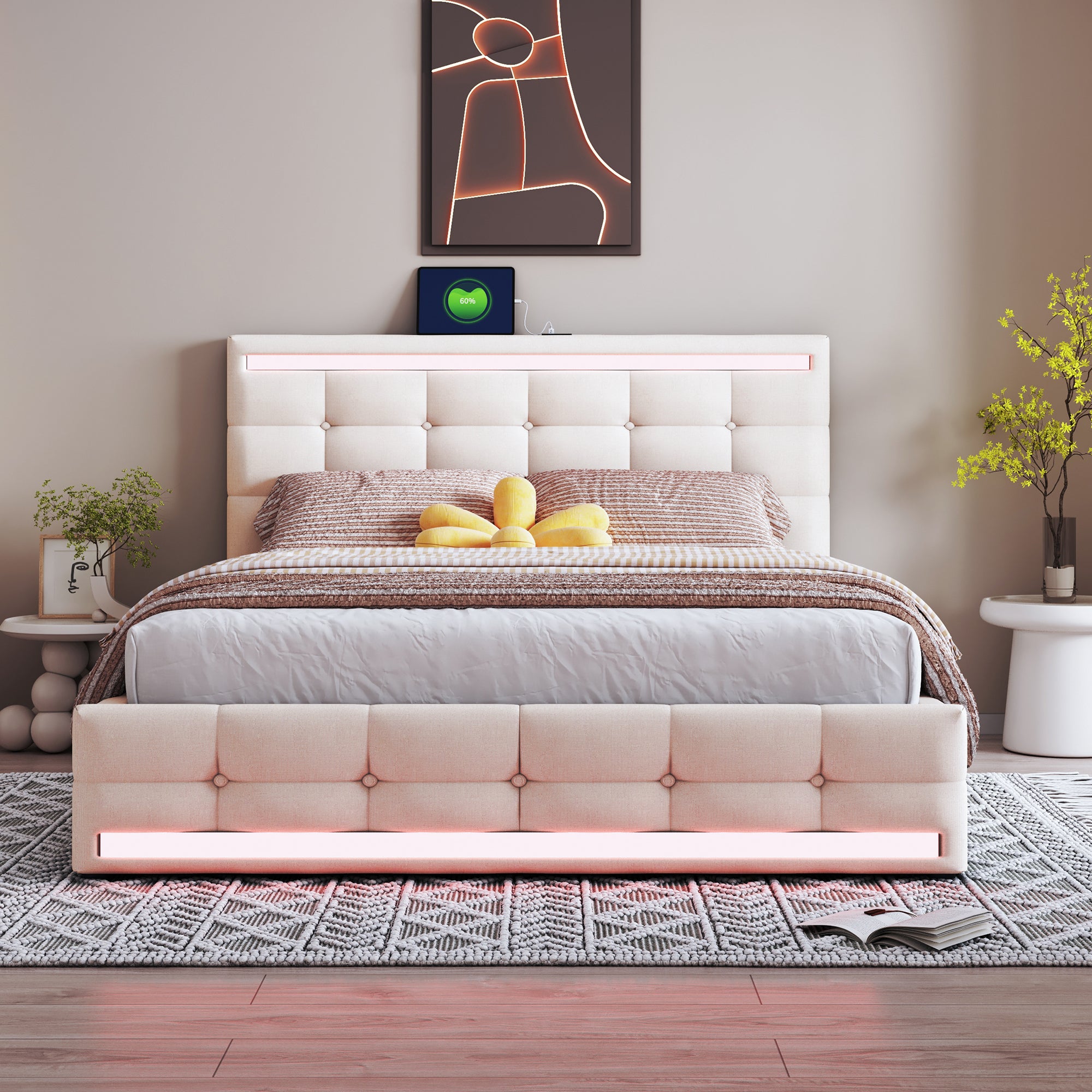 Lit Capitonné FURNISTAR Sofia 140x200 Cm Avec Coffre De Rangement - Tête De Lit Moderne, Sommier à Lattes - Taupe, Sans Matelas