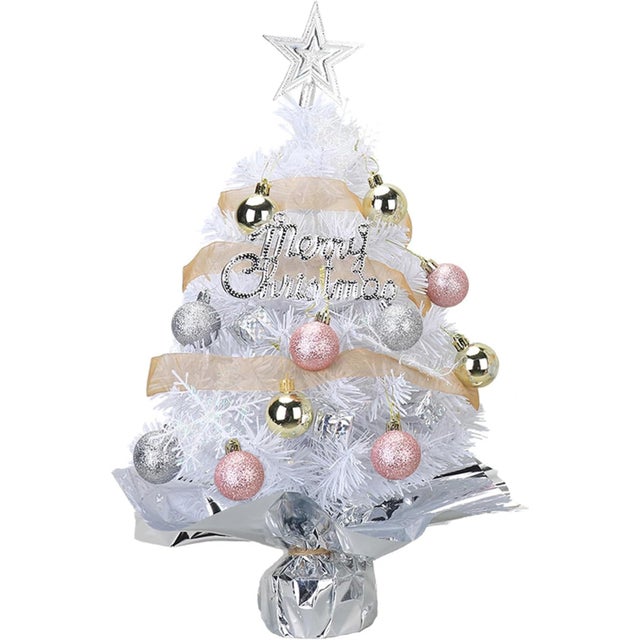 Árbol de Navidad artificial de 45 cm con luces LED, árbol de Navidad pequeño para mesa con adornos colgantes, decoraciones navideñas (blanco)