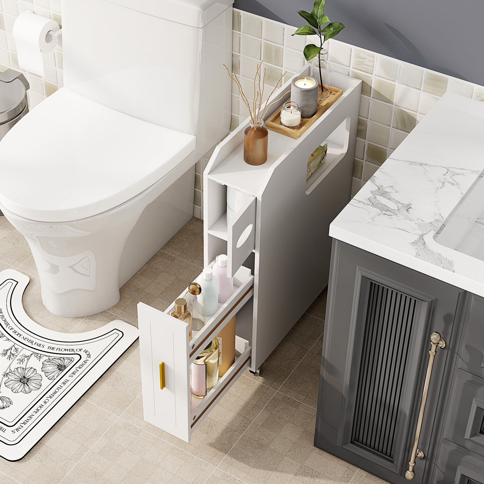 Credenza da Bagno Piccolo, Mobile Salvaspazio Stretto e Slim con Cassetto Scorrevole, Porta Fazzoletti, Portascopino e Ruote Bloccabile, Armadietto pe - 8