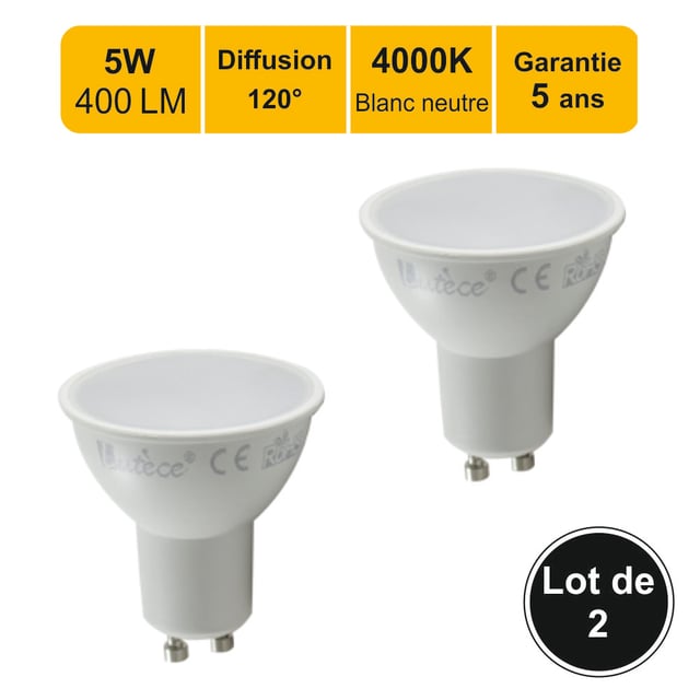Lot de 2 ampoules LED GU10 5W 400Lm 4000K - garantie 5 ans