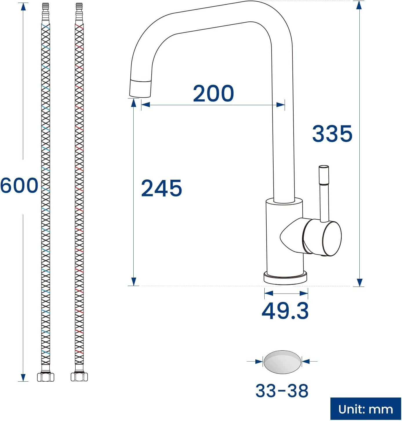 Torneira misturadora de cozinha Cecipa Max em aço inoxidável escovado, bica alta e curva, giro de 360°, modelo europeu. - 6