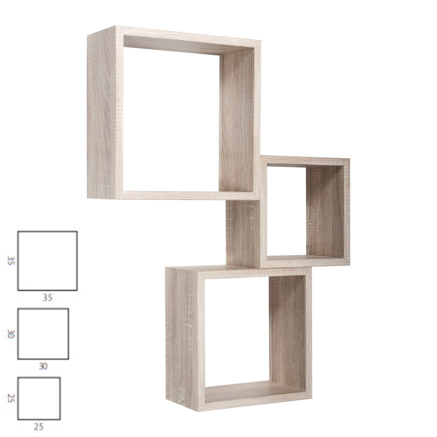 Ensemble de 3 étagères murales, cubes décoratifs, étagères cubiques, cubes muraux, chêne Sagerau, 35x35, 30x30 et 25x25 cm de profondeur 15,5 cm - 8