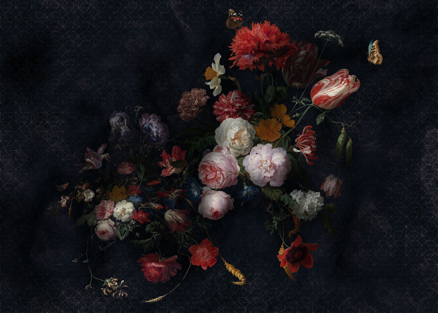 Fotomural flores vintage multi color sobre negro - 350 x 250 cm - komar